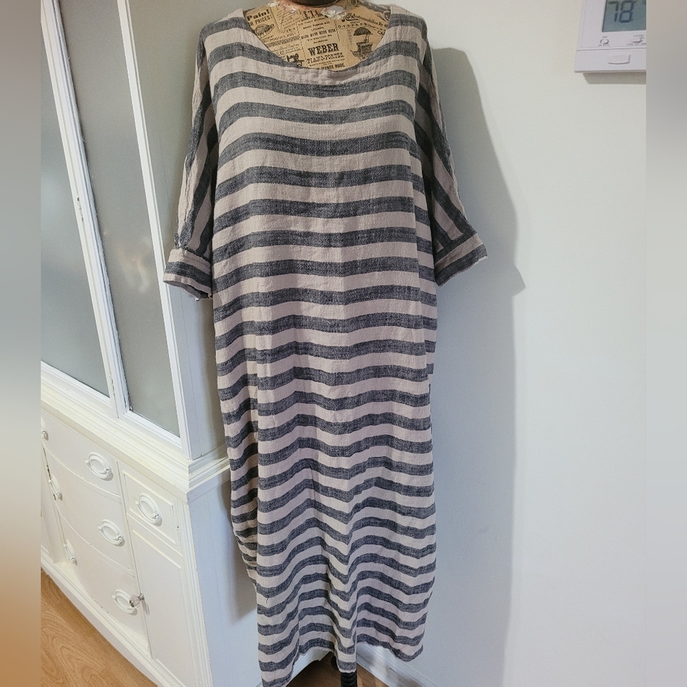 Ximo Caftan Sack Linen Blend Dress Striped Nautical Breathable Lagenlook